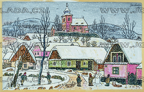 Zasněžená vesnice s kostelem 1941